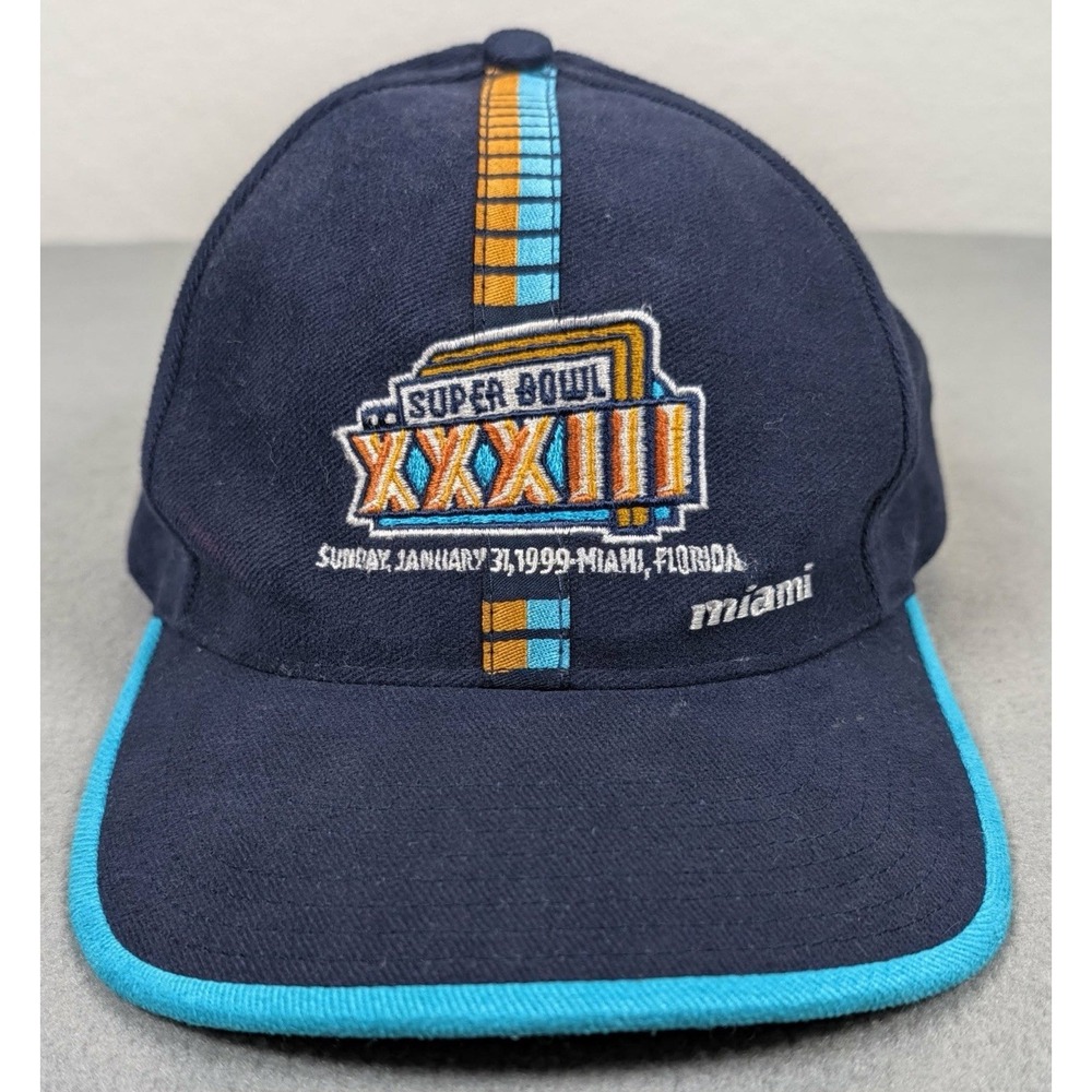 Vintage NFL Super Bowl XXXIII Miami Florida Logo Athletic Strapback Cap Hat Blue